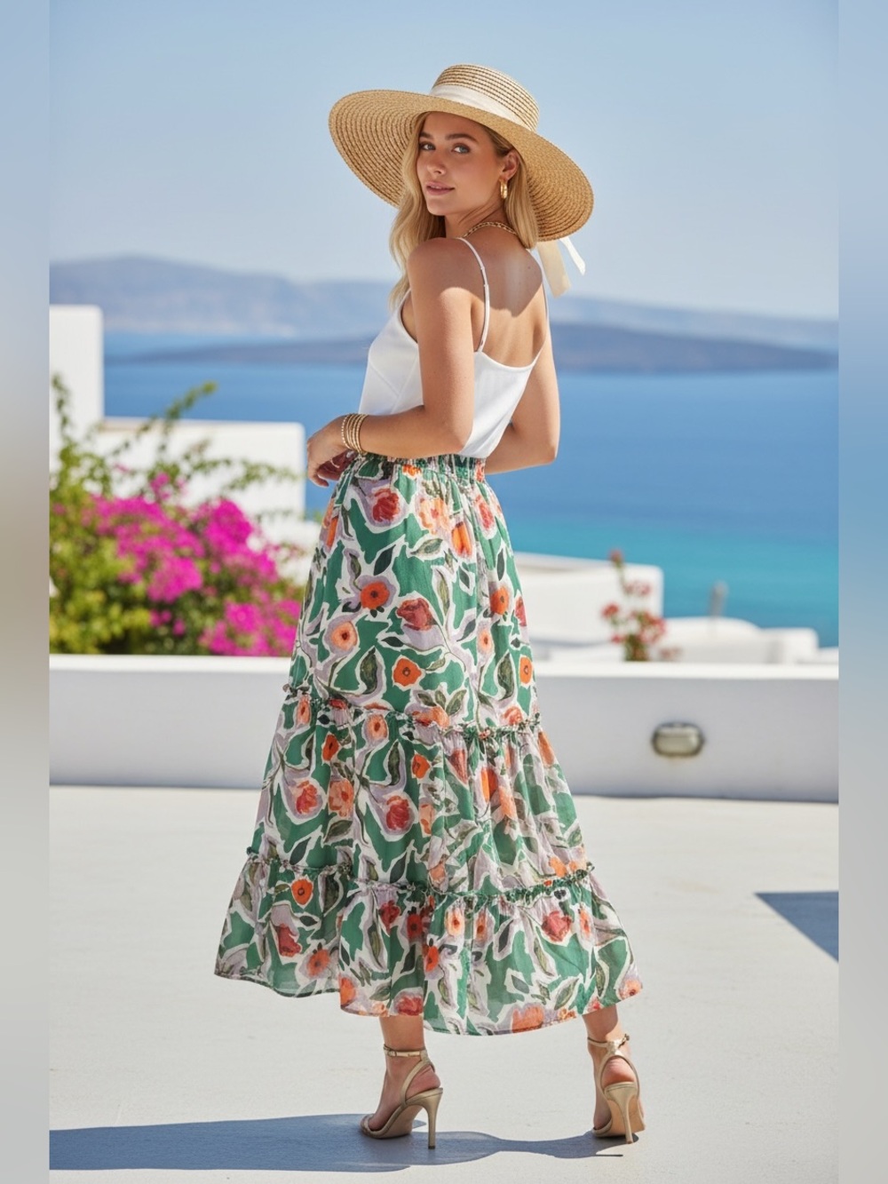 164 • Mediterranean Floral Green Tiered Midi Skirt